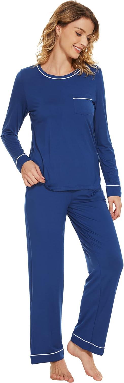 imageWiWi Womens Viscose from Bamboo Pajamas Set Soft Long Sleeve Tops and Pants Sleepwear Lightweight Pj Loungewear SXXLBblue Depth