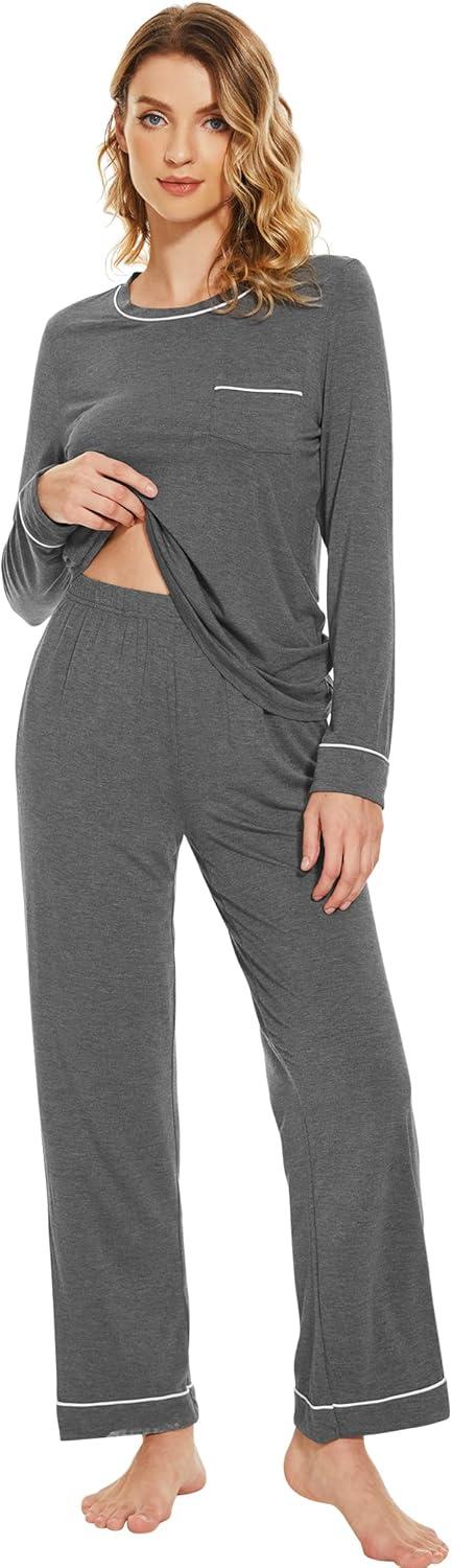 imageWiWi Womens Viscose from Bamboo Pajamas Set Soft Long Sleeve Tops and Pants Sleepwear Lightweight Pj Loungewear SXXLBdark Heather Grey