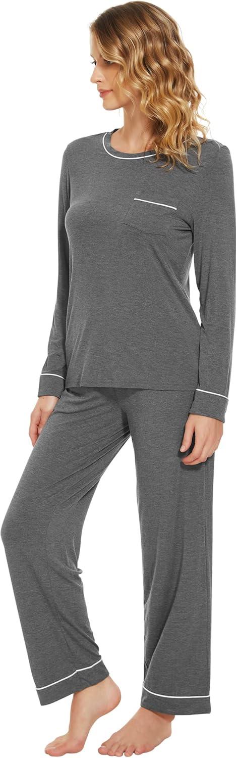 imageWiWi Womens Viscose from Bamboo Pajamas Set Soft Long Sleeve Tops and Pants Sleepwear Lightweight Pj Loungewear SXXLBdark Heather Grey