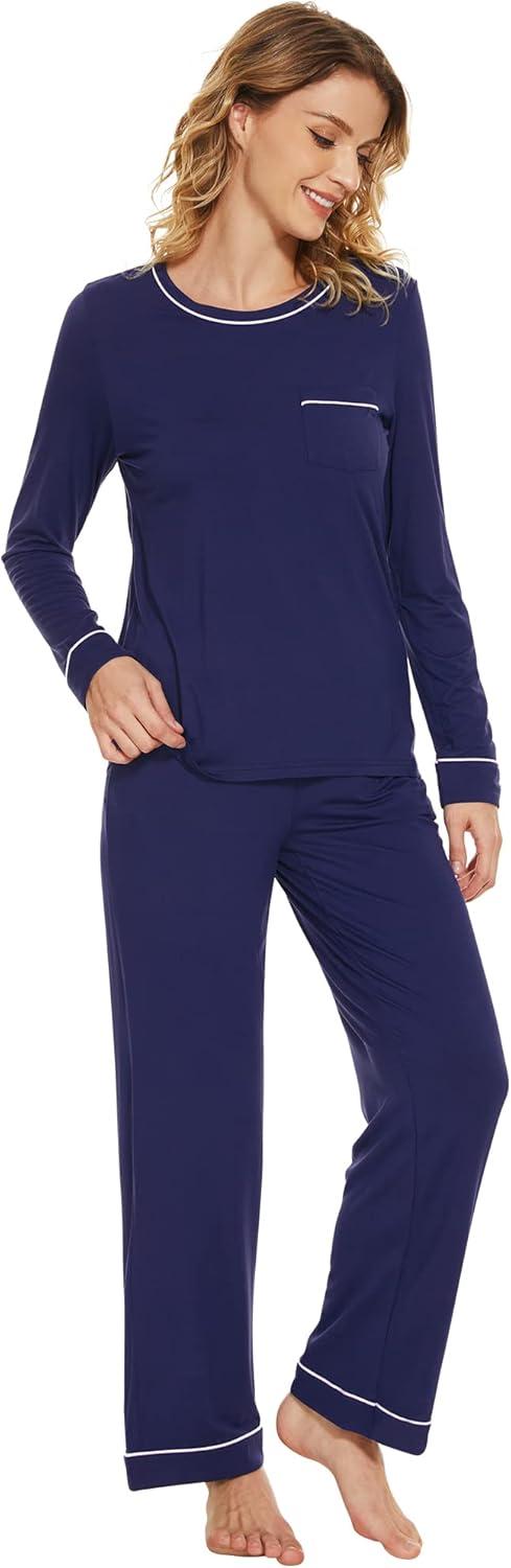 imageWiWi Womens Viscose from Bamboo Pajamas Set Soft Long Sleeve Tops and Pants Sleepwear Lightweight Pj Loungewear SXXLBnavy