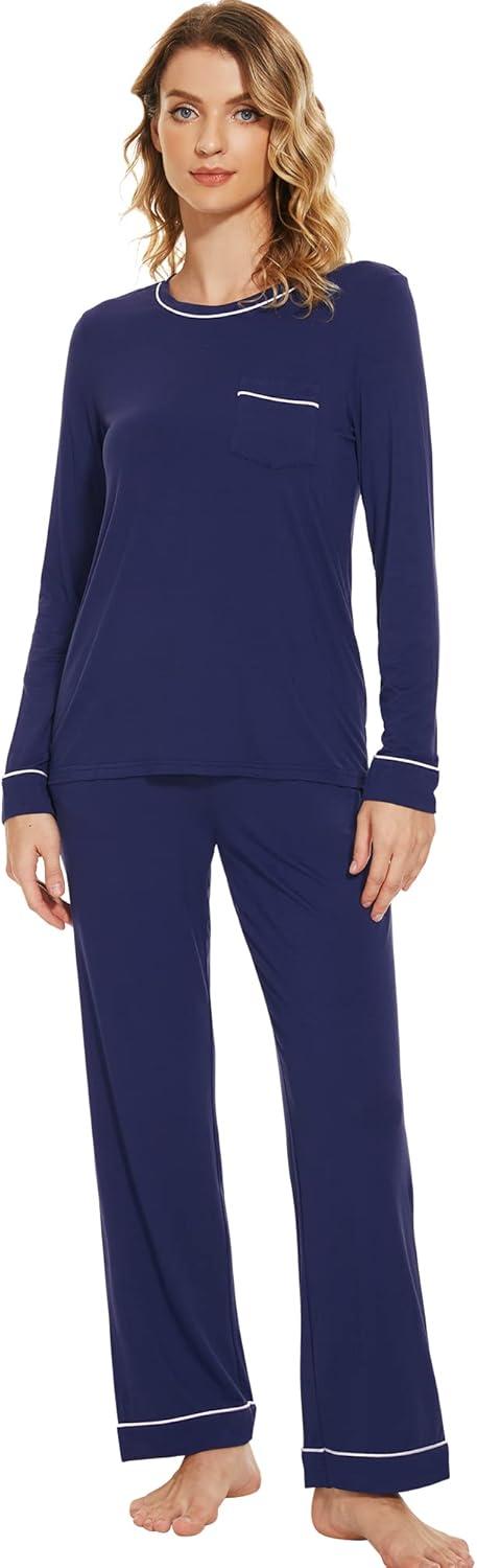 imageWiWi Womens Viscose from Bamboo Pajamas Set Soft Long Sleeve Tops and Pants Sleepwear Lightweight Pj Loungewear SXXLBnavy