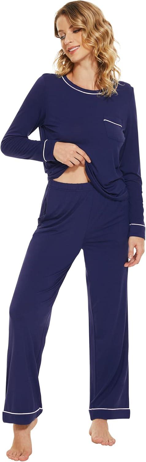 imageWiWi Womens Viscose from Bamboo Pajamas Set Soft Long Sleeve Tops and Pants Sleepwear Lightweight Pj Loungewear SXXLBnavy