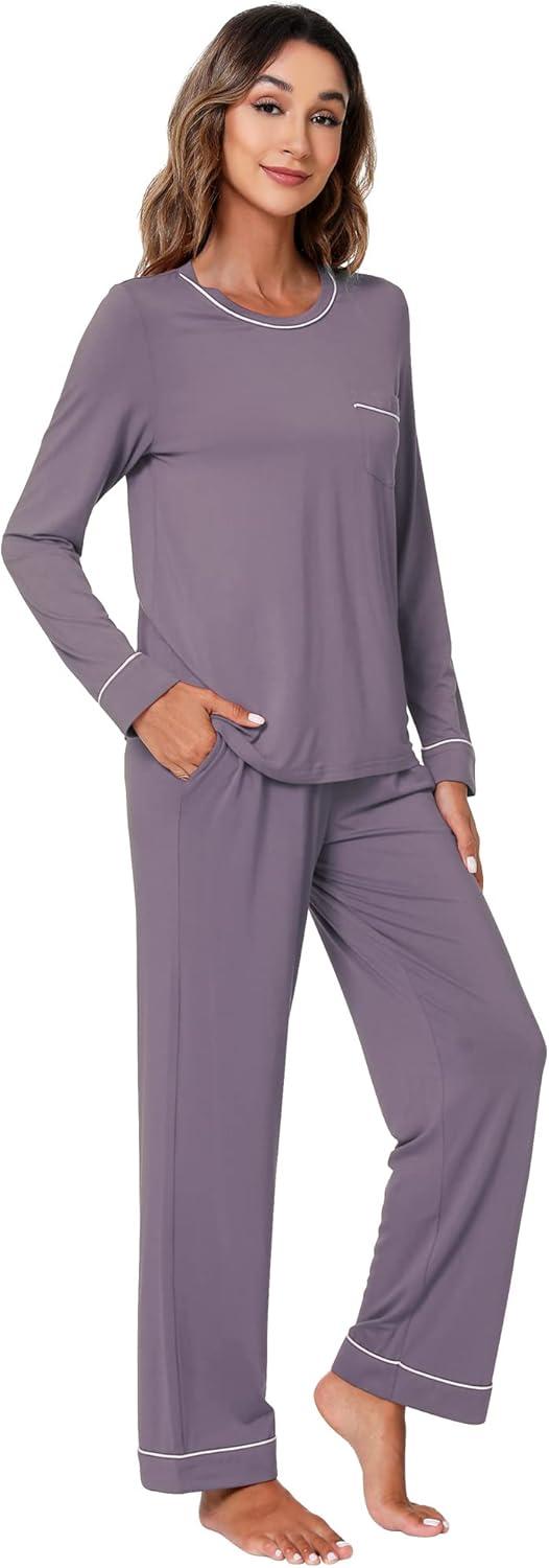 imageWiWi Womens Viscose from Bamboo Pajamas Set Soft Long Sleeve Tops and Pants Sleepwear Lightweight Pj Loungewear SXXLBviolet