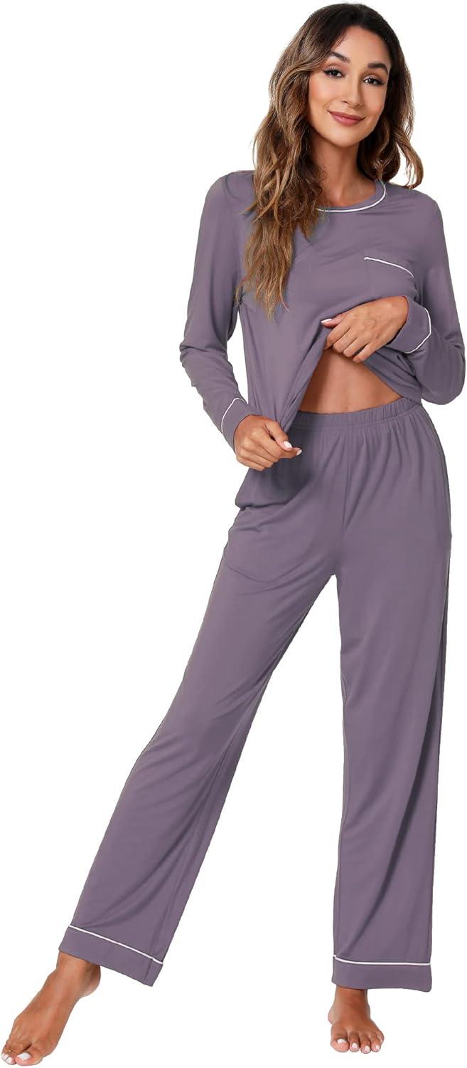 imageWiWi Womens Viscose from Bamboo Pajamas Set Soft Long Sleeve Tops and Pants Sleepwear Lightweight Pj Loungewear SXXLBviolet