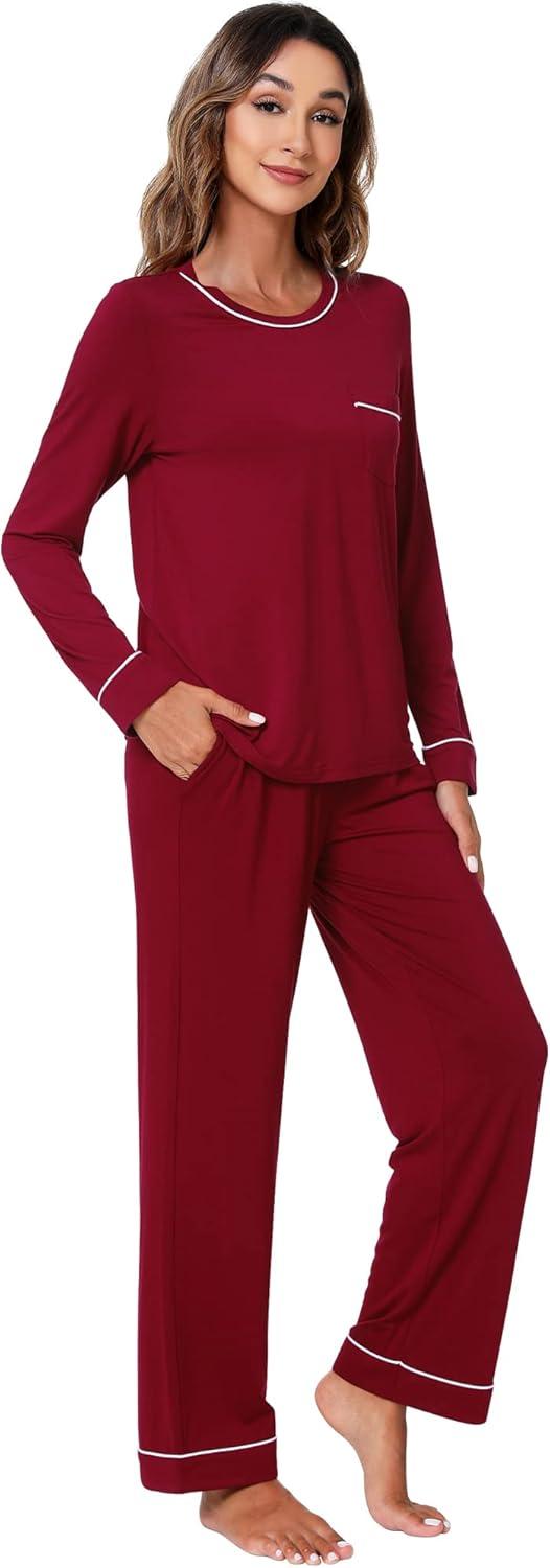 imageWiWi Womens Viscose from Bamboo Pajamas Set Soft Long Sleeve Tops and Pants Sleepwear Lightweight Pj Loungewear SXXLBwine Red
