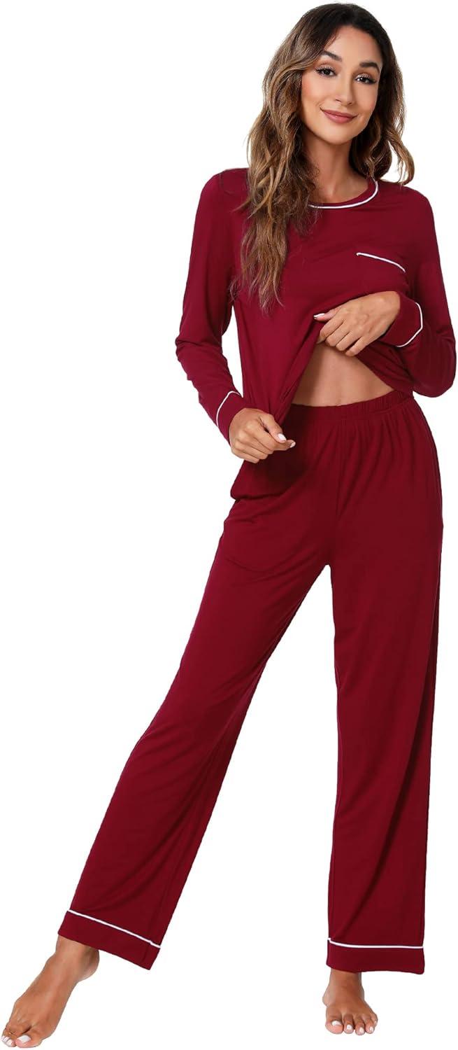 imageWiWi Womens Viscose from Bamboo Pajamas Set Soft Long Sleeve Tops and Pants Sleepwear Lightweight Pj Loungewear SXXLBwine Red
