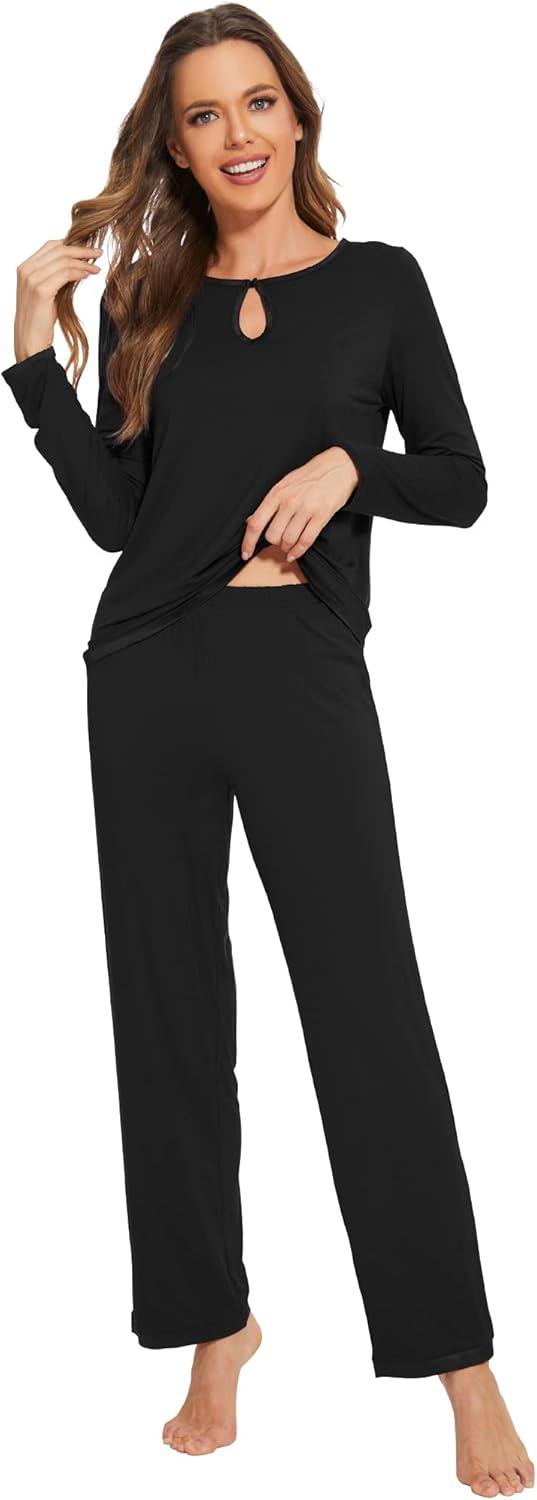 imageWiWi Womens Viscose from Bamboo Pajamas Set Soft Long Sleeve Tops and Pants Sleepwear Lightweight Pj Loungewear SXXLCblack