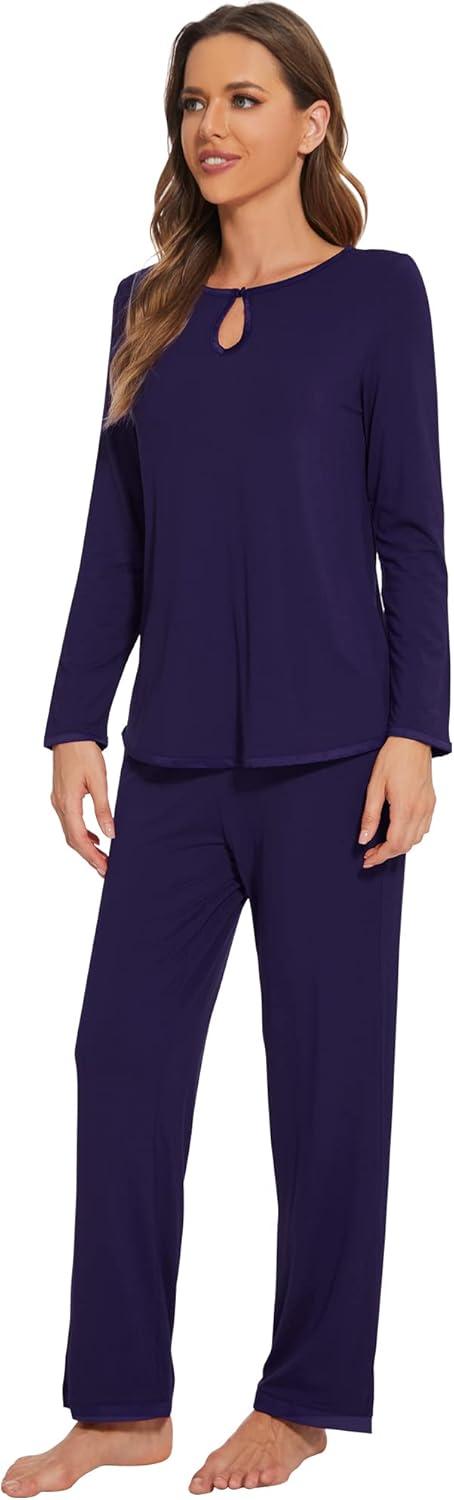 imageWiWi Womens Viscose from Bamboo Pajamas Set Soft Long Sleeve Tops and Pants Sleepwear Lightweight Pj Loungewear SXXLCnavy