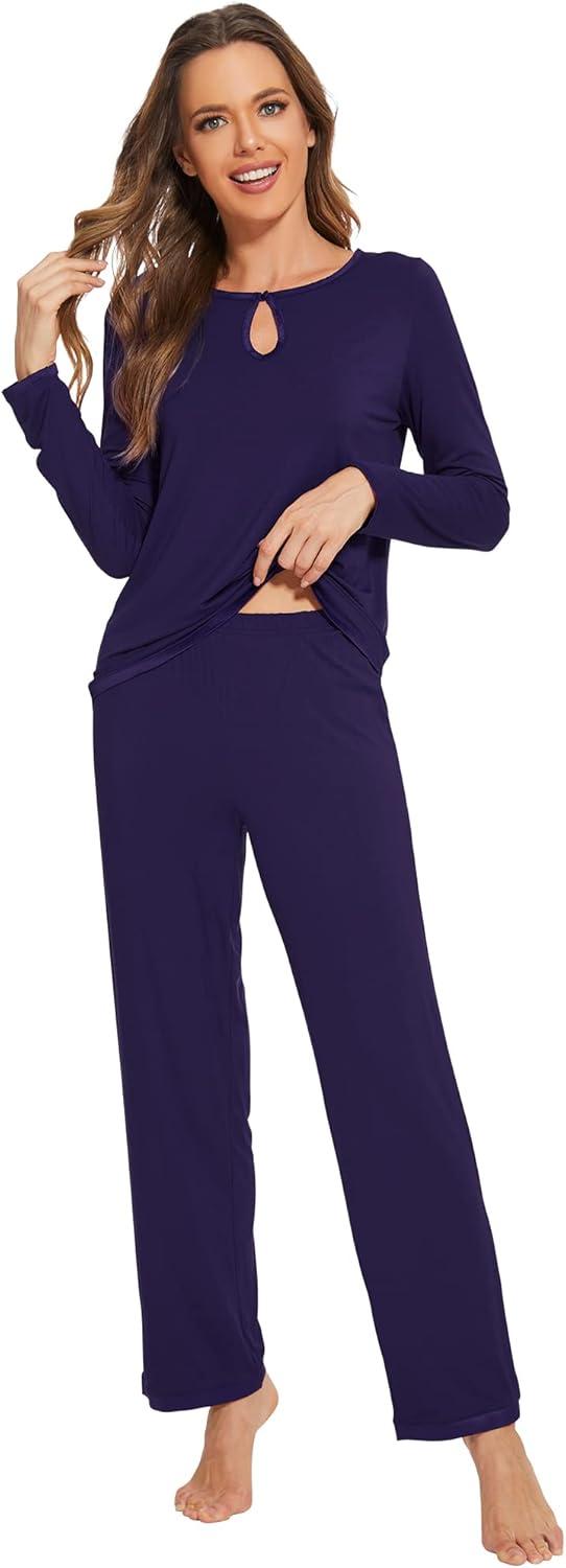 imageWiWi Womens Viscose from Bamboo Pajamas Set Soft Long Sleeve Tops and Pants Sleepwear Lightweight Pj Loungewear SXXLCnavy