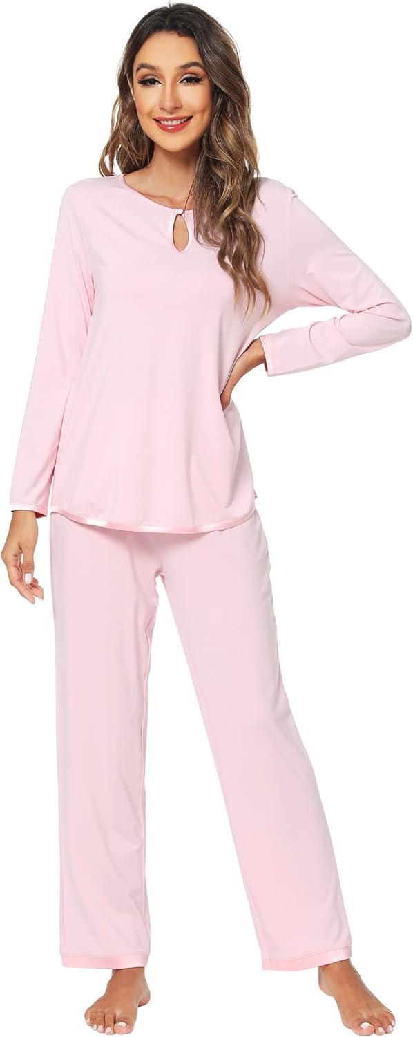 imageWiWi Womens Viscose from Bamboo Pajamas Set Soft Long Sleeve Tops and Pants Sleepwear Lightweight Pj Loungewear SXXLCpink