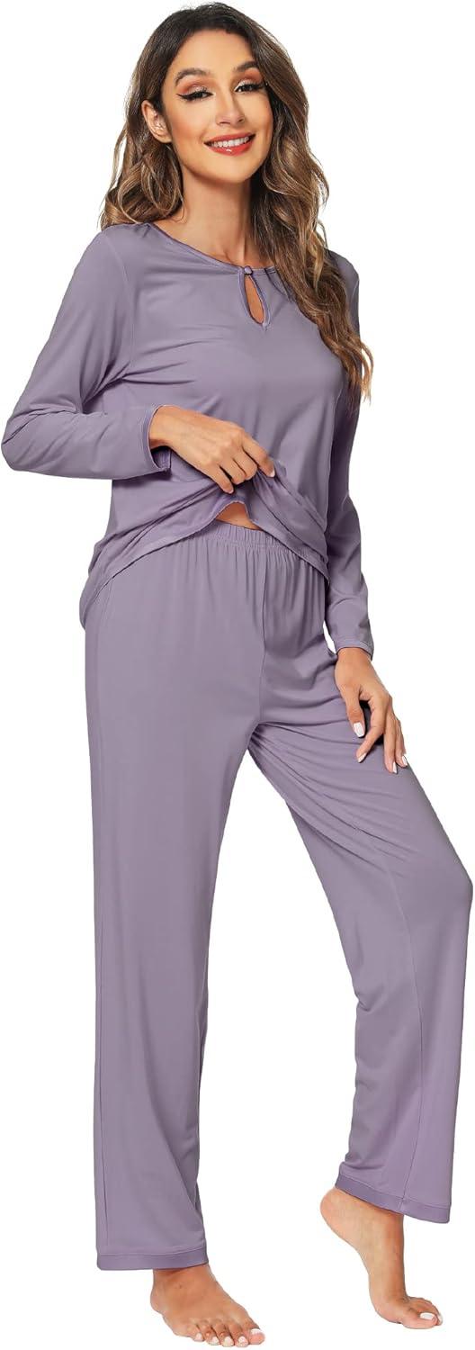 imageWiWi Womens Viscose from Bamboo Pajamas Set Soft Long Sleeve Tops and Pants Sleepwear Lightweight Pj Loungewear SXXLCviolet