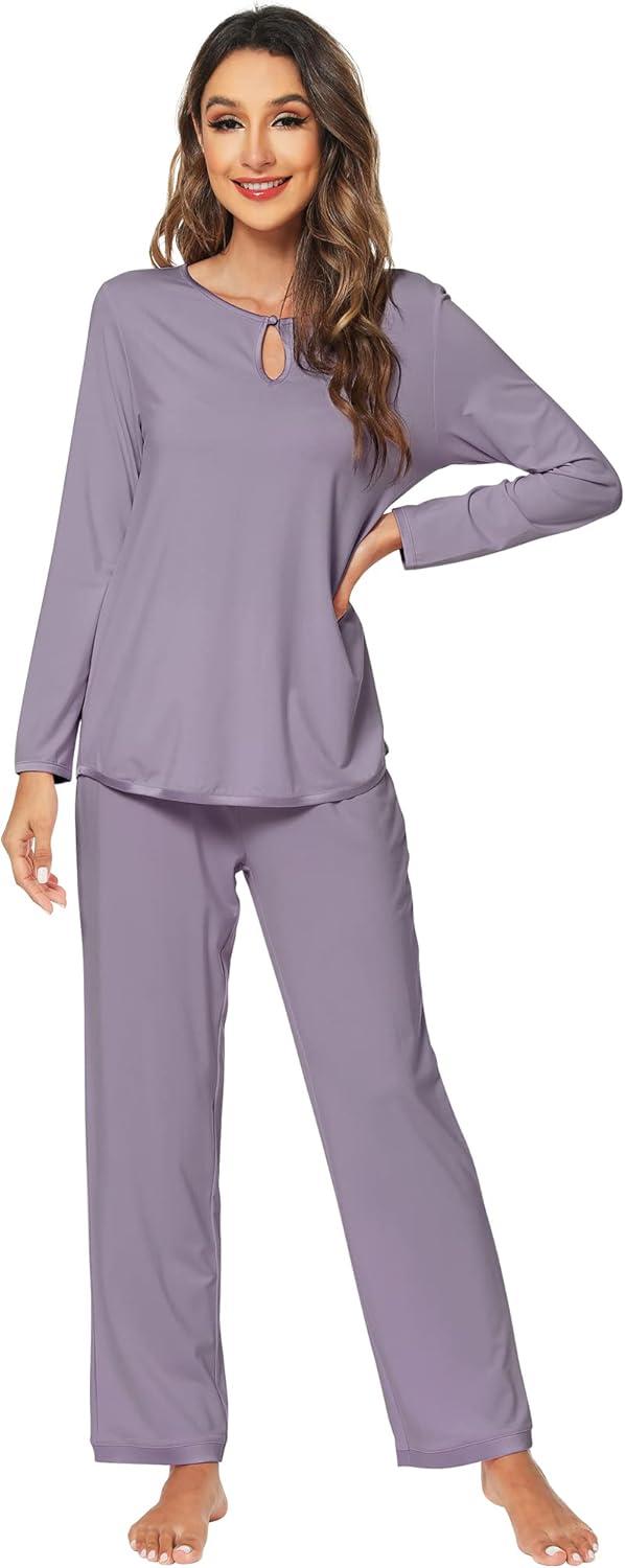 imageWiWi Womens Viscose from Bamboo Pajamas Set Soft Long Sleeve Tops and Pants Sleepwear Lightweight Pj Loungewear SXXLCviolet