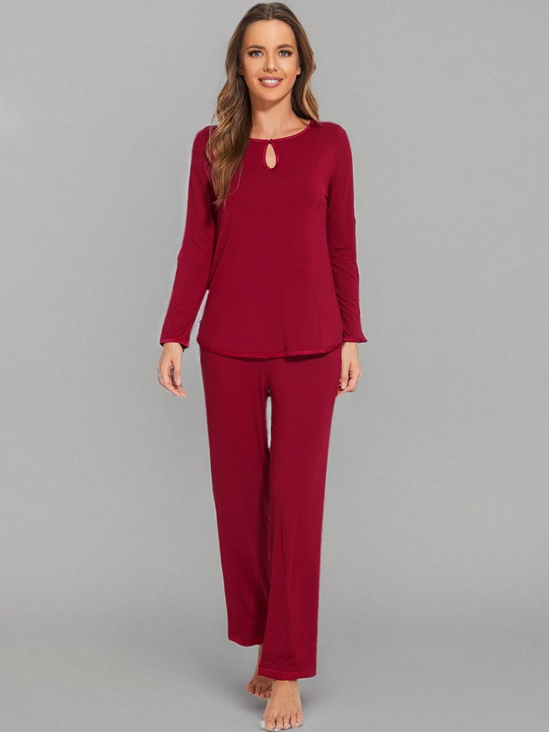 imageWiWi Womens Viscose from Bamboo Pajamas Set Soft Long Sleeve Tops and Pants Sleepwear Lightweight Pj Loungewear SXXLCwine Red