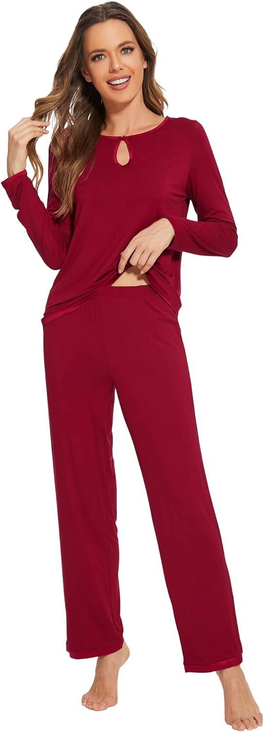imageWiWi Womens Viscose from Bamboo Pajamas Set Soft Long Sleeve Tops and Pants Sleepwear Lightweight Pj Loungewear SXXLCwine Red