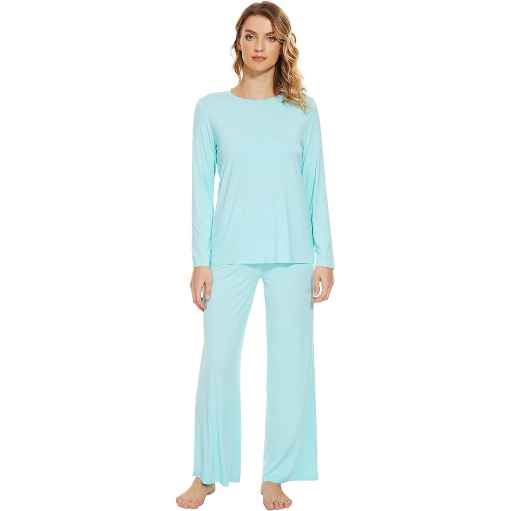 imageWiWi Bamboo Viscose Pajama Set for Women Soft Long Sleeve Top with Pants Sleepwear 2 Piece Pjs Sets Sleepwear SXXLAqua