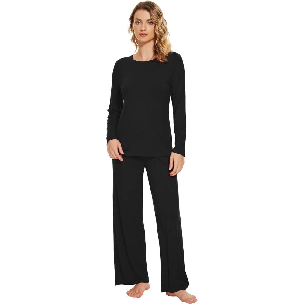 imageWiWi Bamboo Viscose Pajama Set for Women Soft Long Sleeve Top with Pants Sleepwear 2 Piece Pjs Sets Sleepwear SXXLBlack