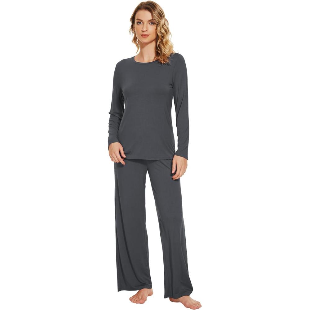 imageWiWi Bamboo Viscose Pajama Set for Women Soft Long Sleeve Top with Pants Sleepwear 2 Piece Pjs Sets Sleepwear SXXLCharcoal