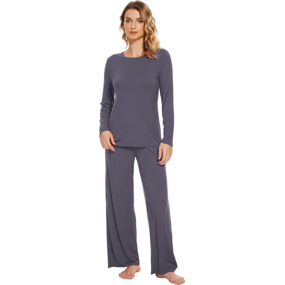 imageWiWi Bamboo Viscose Pajama Set for Women Soft Long Sleeve Top with Pants Sleepwear 2 Piece Pjs Sets Sleepwear SXXLDark Grey