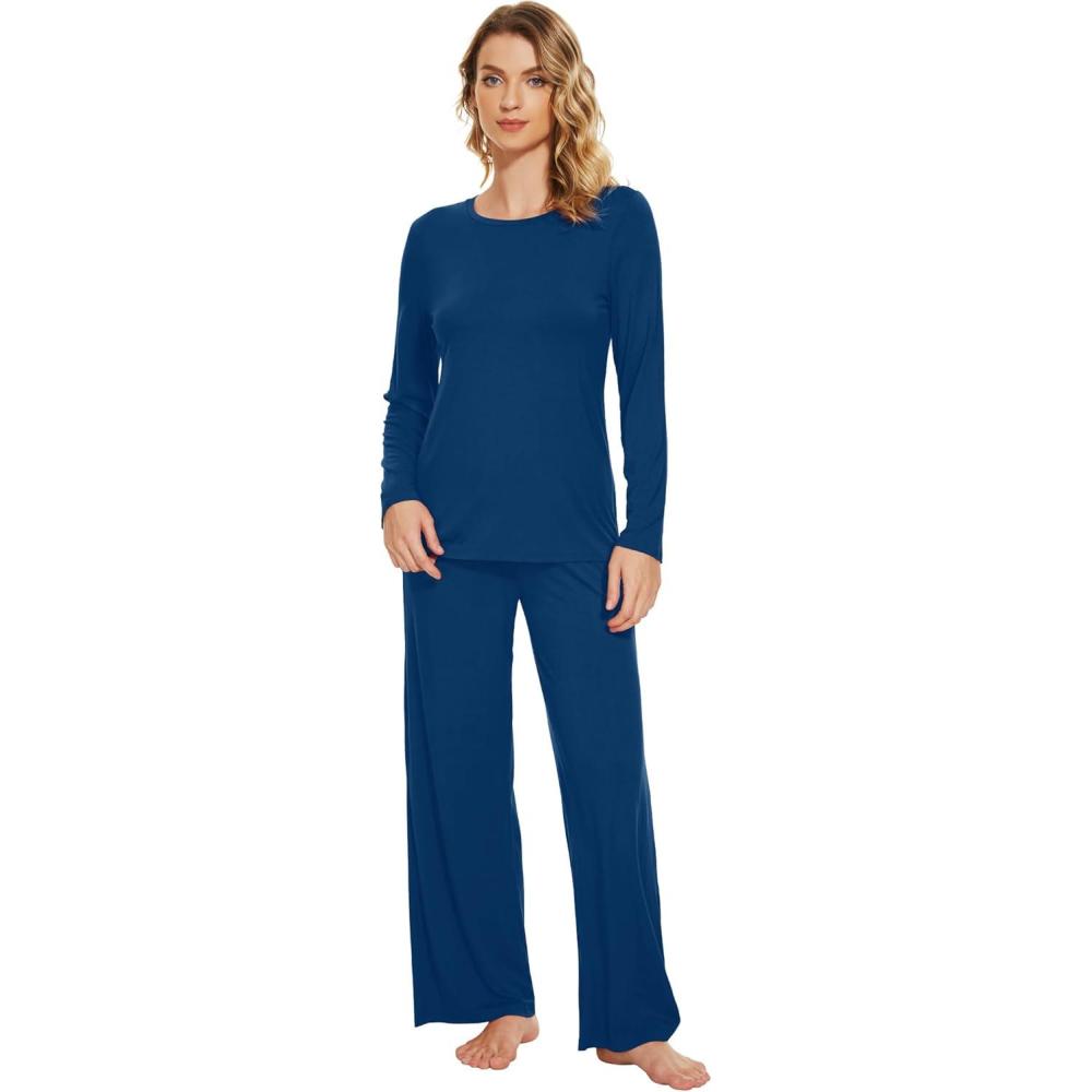 imageWiWi Bamboo Viscose Pajama Set for Women Soft Long Sleeve Top with Pants Sleepwear 2 Piece Pjs Sets Sleepwear SXXLInk Blue