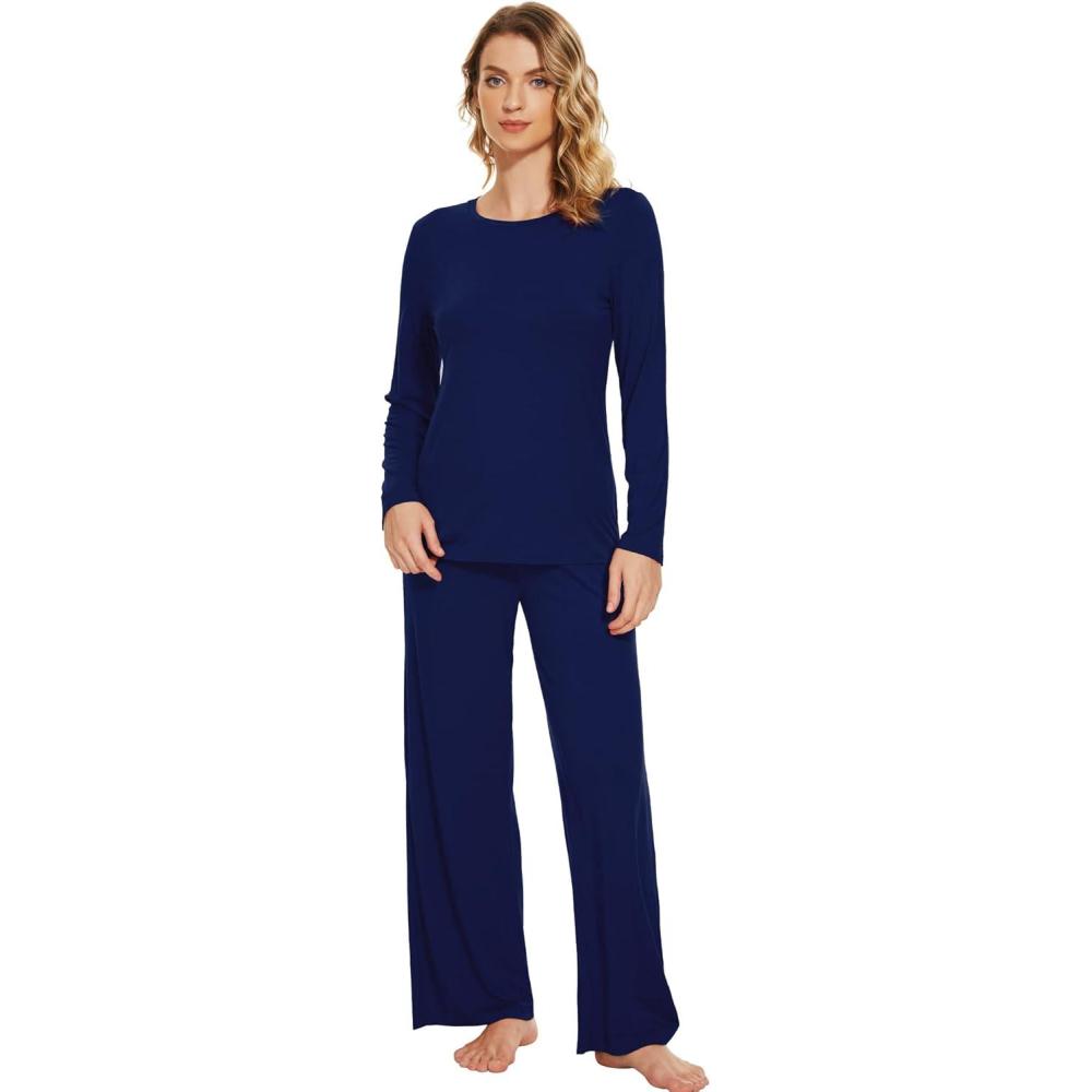imageWiWi Bamboo Viscose Pajama Set for Women Soft Long Sleeve Top with Pants Sleepwear 2 Piece Pjs Sets Sleepwear SXXLNavy