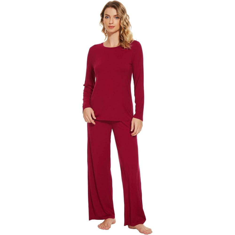 imageWiWi Bamboo Viscose Pajama Set for Women Soft Long Sleeve Top with Pants Sleepwear 2 Piece Pjs Sets Sleepwear SXXLWine Red