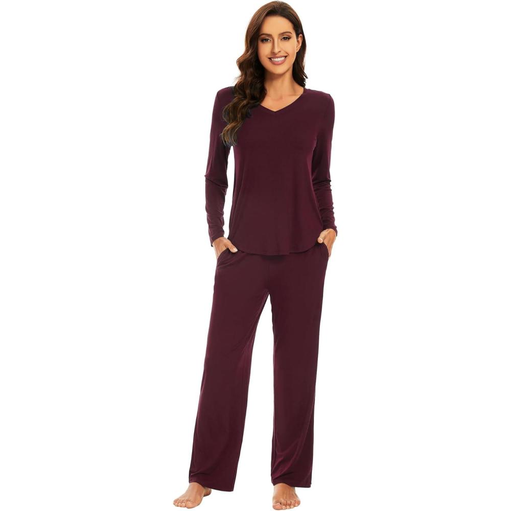 imageWiWi Pajamas for Women Long Sleeve Sleepwear with Pants Set Soft Casual Pj Warm Lounge Sets SXXLAbrownish Red