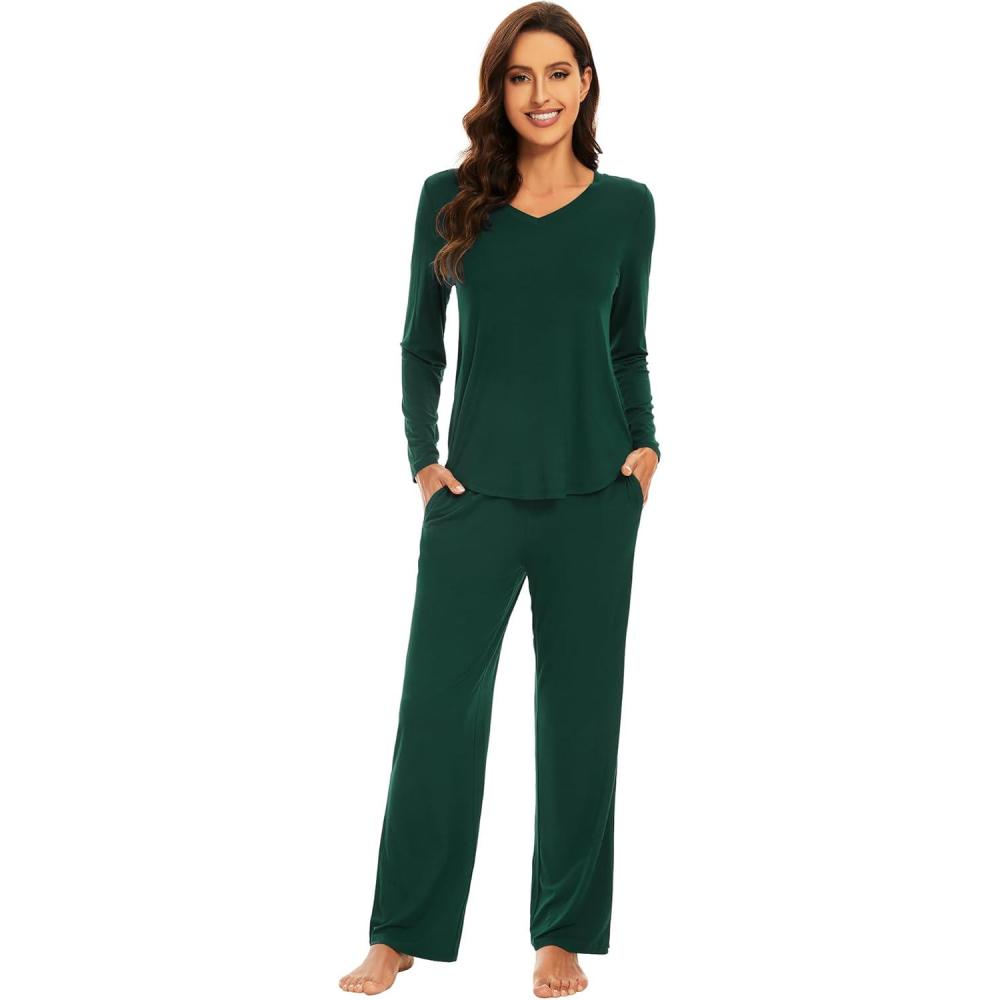 imageWiWi Pajamas for Women Long Sleeve Sleepwear with Pants Set Soft Casual Pj Warm Lounge Sets SXXLAfence Green