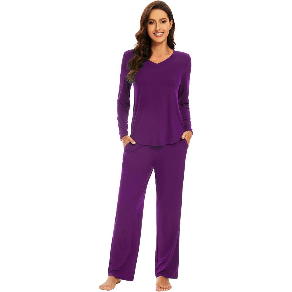 imageWiWi Pajamas for Women Long Sleeve Sleepwear with Pants Set Soft Casual Pj Warm Lounge Sets SXXLApurplish Red