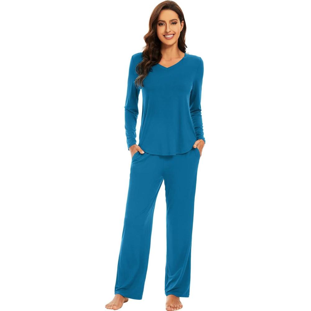 imageWiWi Pajamas for Women Long Sleeve Sleepwear with Pants Set Soft Casual Pj Warm Lounge Sets SXXLAteal Blue
