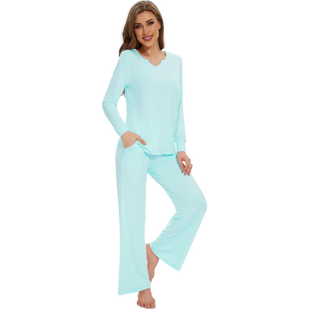 imageWiWi Pajamas for Women Long Sleeve Sleepwear with Pants Set Soft Casual Pj Warm Lounge Sets SXXLBaqua
