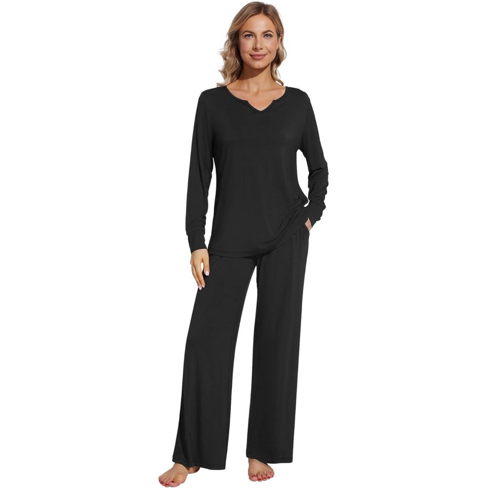 imageWiWi Pajamas for Women Long Sleeve Sleepwear with Pants Set Soft Casual Pj Warm Lounge Sets SXXLBblack