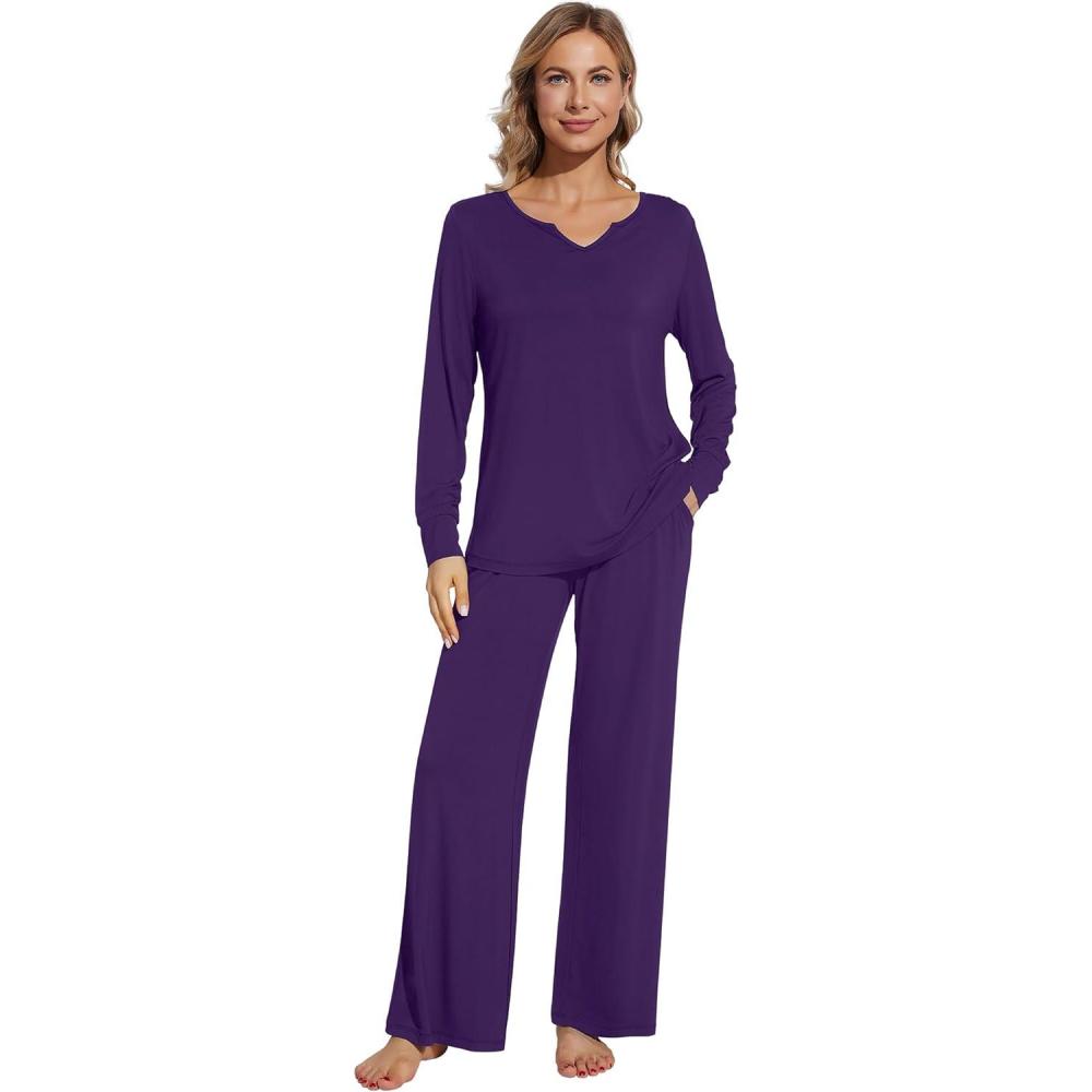 imageWiWi Pajamas for Women Long Sleeve Sleepwear with Pants Set Soft Casual Pj Warm Lounge Sets SXXLBdark Purple