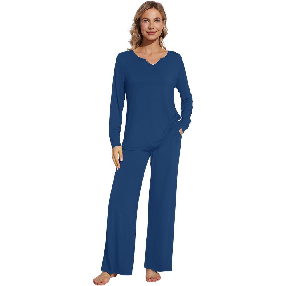 imageWiWi Pajamas for Women Long Sleeve Sleepwear with Pants Set Soft Casual Pj Warm Lounge Sets SXXLBink Blue