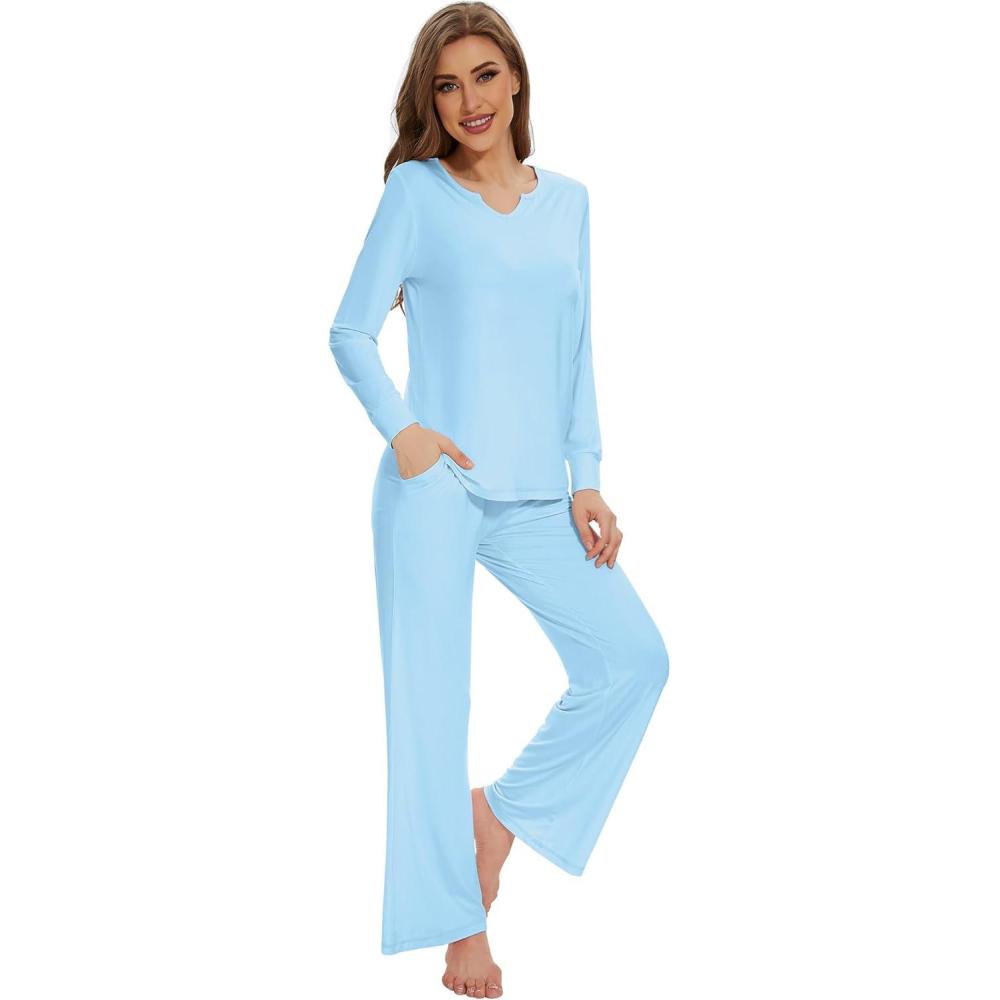 imageWiWi Pajamas for Women Long Sleeve Sleepwear with Pants Set Soft Casual Pj Warm Lounge Sets SXXLBpale Blue