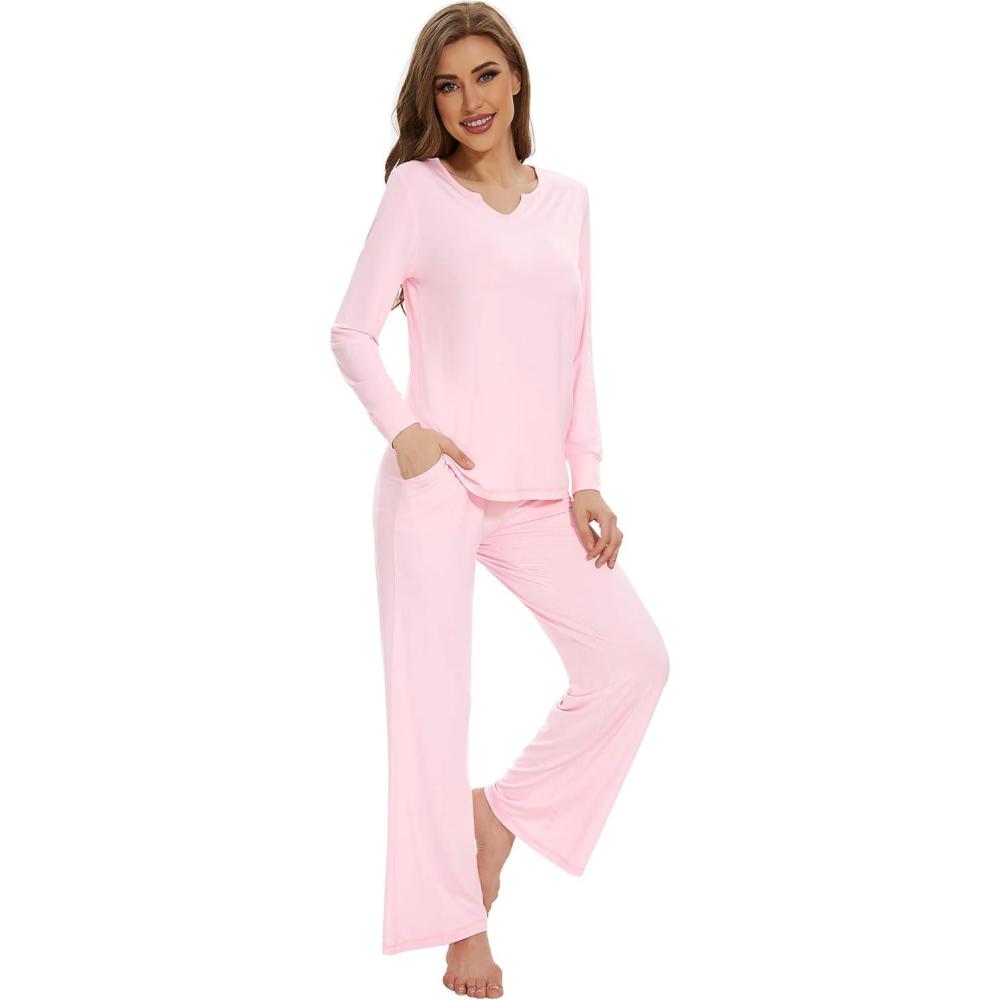 imageWiWi Pajamas for Women Long Sleeve Sleepwear with Pants Set Soft Casual Pj Warm Lounge Sets SXXLBpink