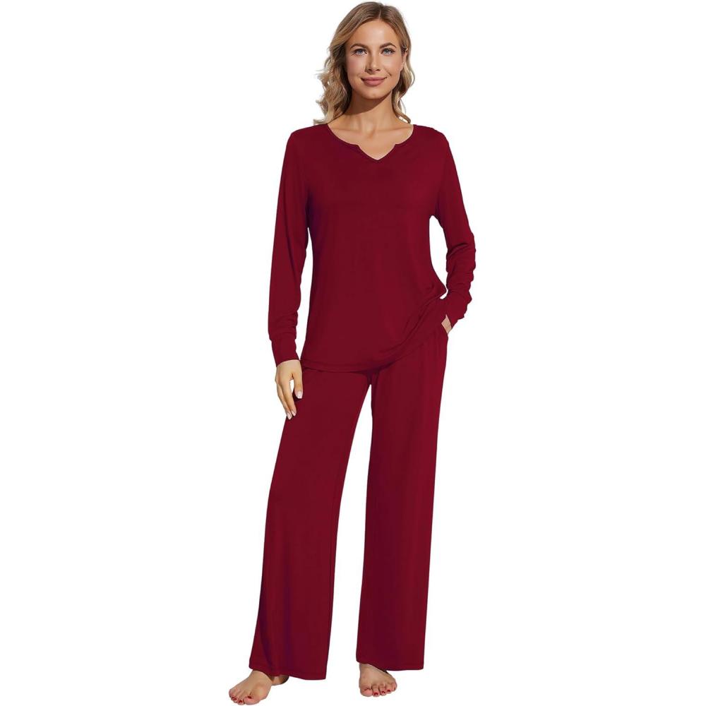 imageWiWi Pajamas for Women Long Sleeve Sleepwear with Pants Set Soft Casual Pj Warm Lounge Sets SXXLBwine Red