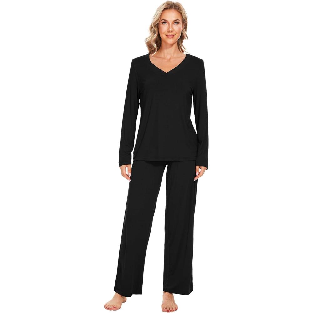 imageWiWi Pajamas for Women Long Sleeve Sleepwear with Pants Set Soft Casual Pj Warm Lounge Sets SXXLCblack