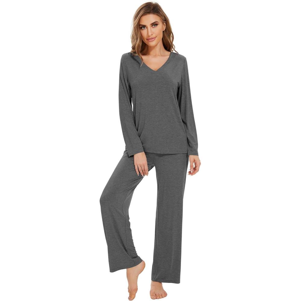 imageWiWi Pajamas for Women Long Sleeve Sleepwear with Pants Set Soft Casual Pj Warm Lounge Sets SXXLCdark Heather Grey