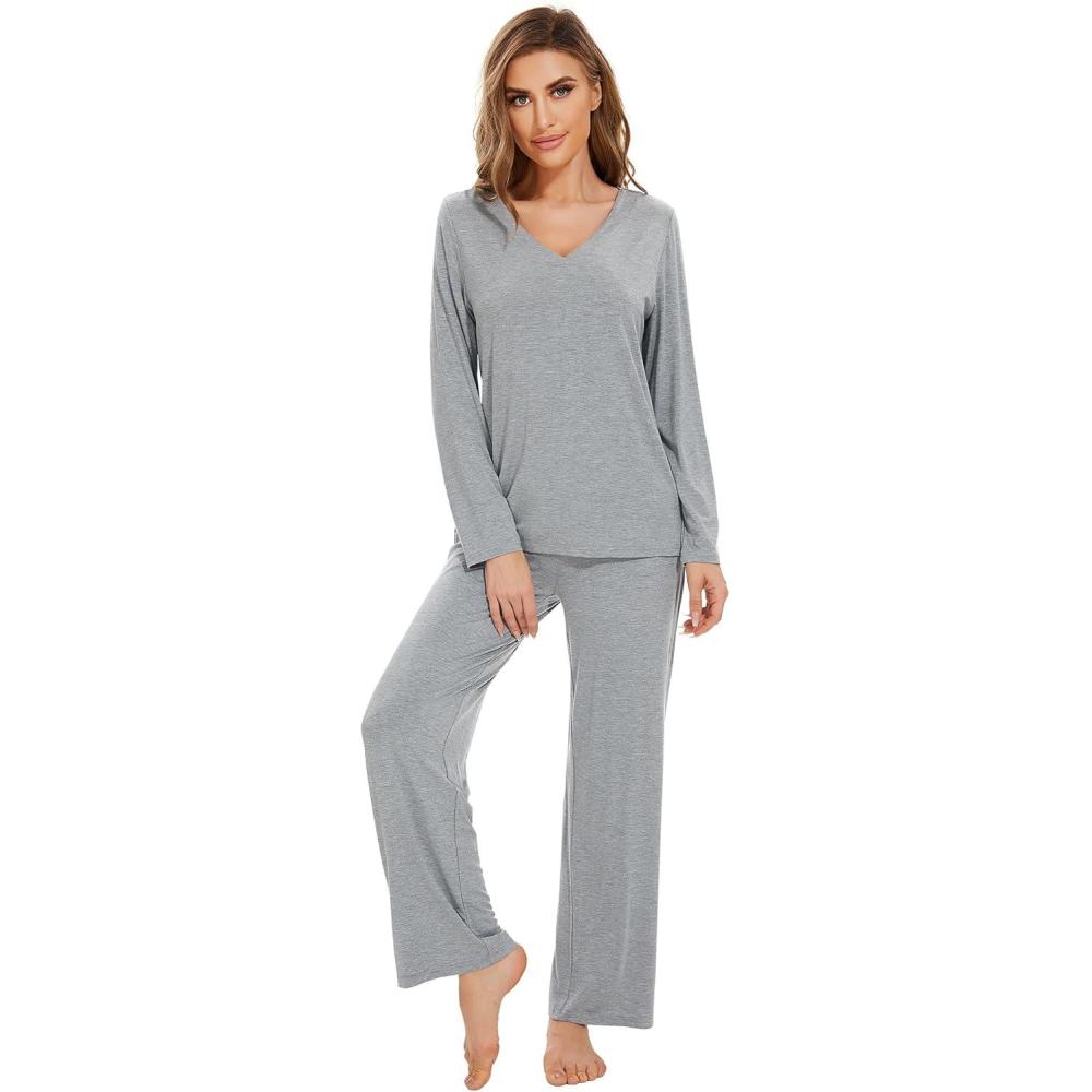 imageWiWi Pajamas for Women Long Sleeve Sleepwear with Pants Set Soft Casual Pj Warm Lounge Sets SXXLCheather Grey