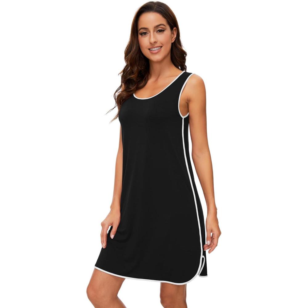 imageWiWi Soft Viscose from Bamboo Sleeveless Nightgowns for Women UNeck Tank Pajamas Gowns Sleep Shirt SXXLBlack