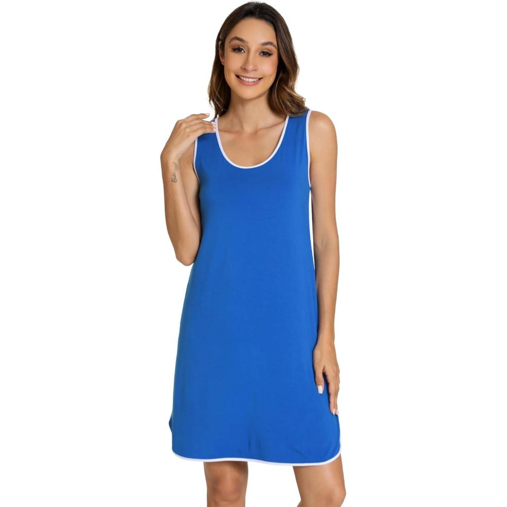 imageWiWi Soft Viscose from Bamboo Sleeveless Nightgowns for Women UNeck Tank Pajamas Gowns Sleep Shirt SXXLBright Blue