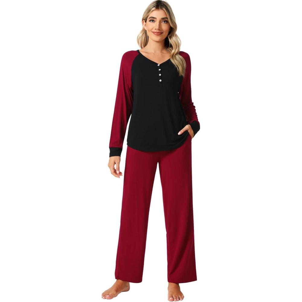 imageWiWi Viscose from Bamboo Pajama Set for Women 2 Pieces Long Sleeve Loungwear Soft Sleepwear Loose Comfy Pj Sets Pockets SXXLAblackWine Red