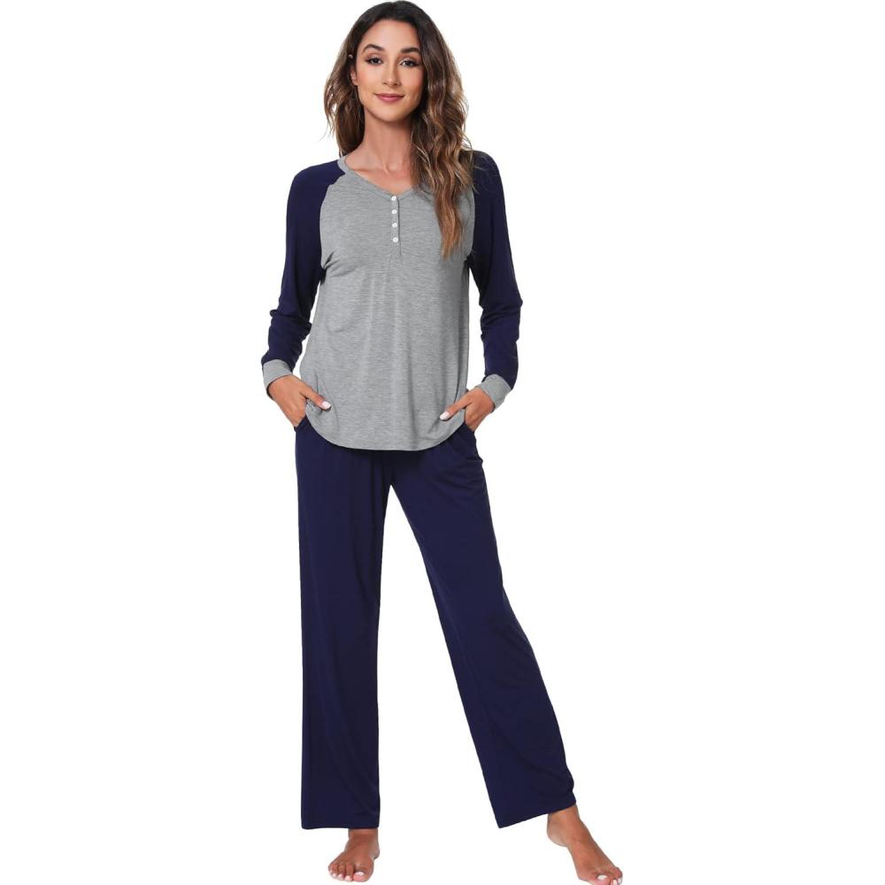 imageWiWi Viscose from Bamboo Pajama Set for Women 2 Pieces Long Sleeve Loungwear Soft Sleepwear Loose Comfy Pj Sets Pockets SXXLAheather GreyNavy