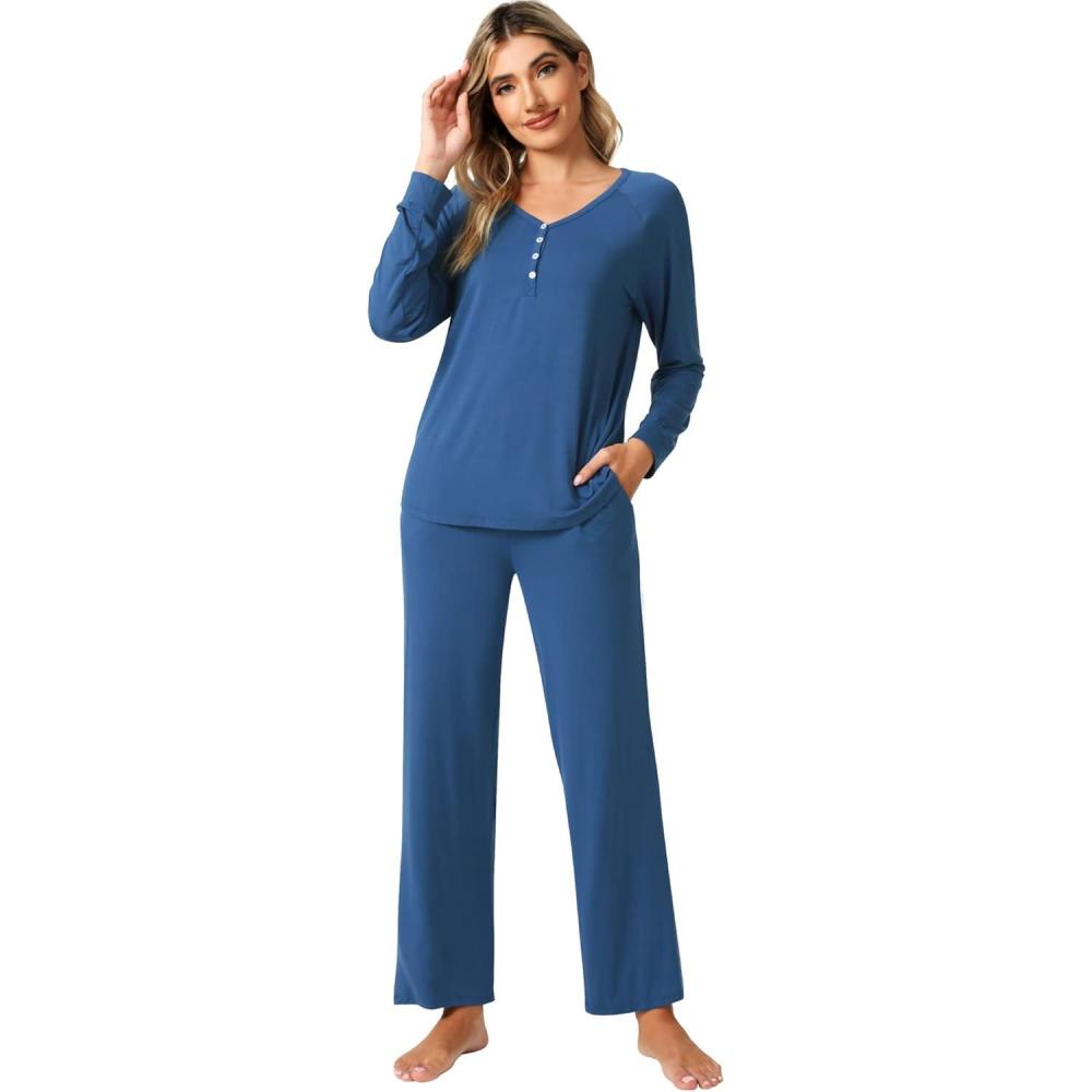 imageWiWi Viscose from Bamboo Pajama Set for Women 2 Pieces Long Sleeve Loungwear Soft Sleepwear Loose Comfy Pj Sets Pockets SXXLAprussian Blue