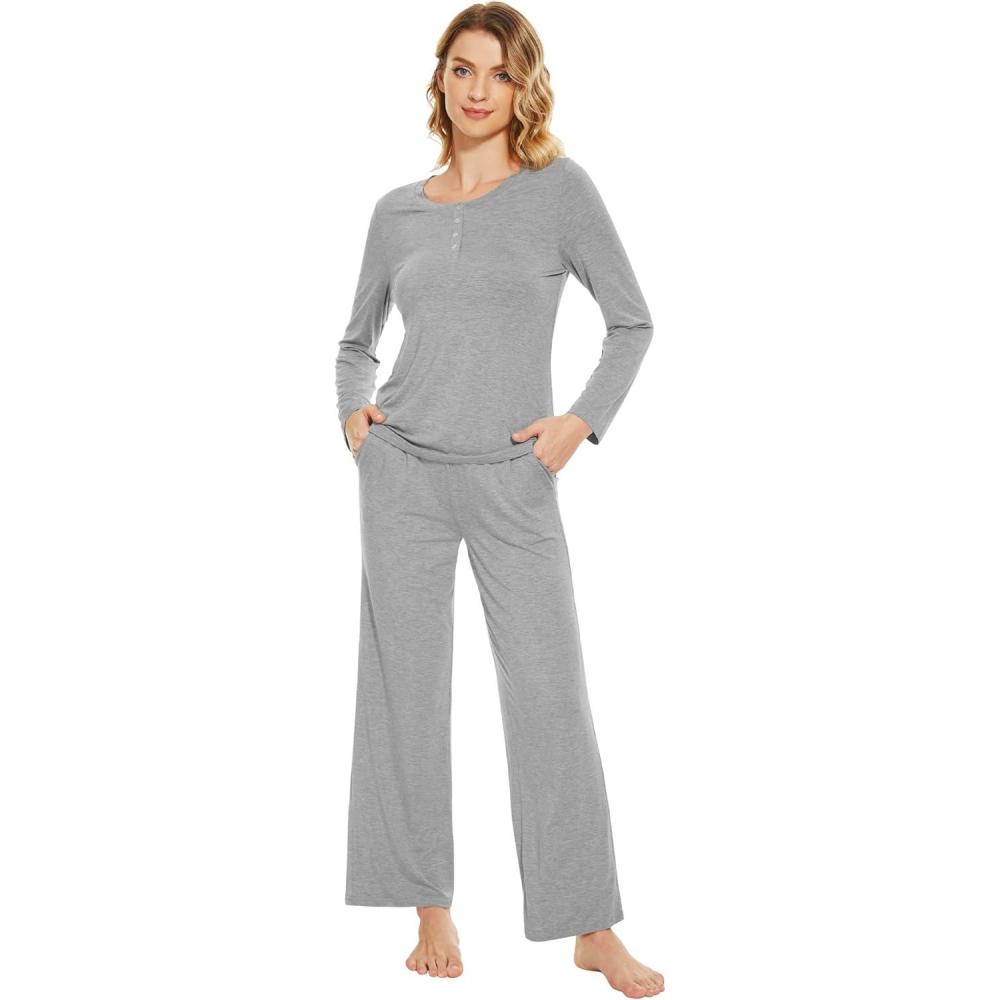 imageWiWi Viscose from Bamboo Pajama Set for Women 2 Pieces Long Sleeve Loungwear Soft Sleepwear Loose Comfy Pj Sets Pockets SXXLBheather Grey