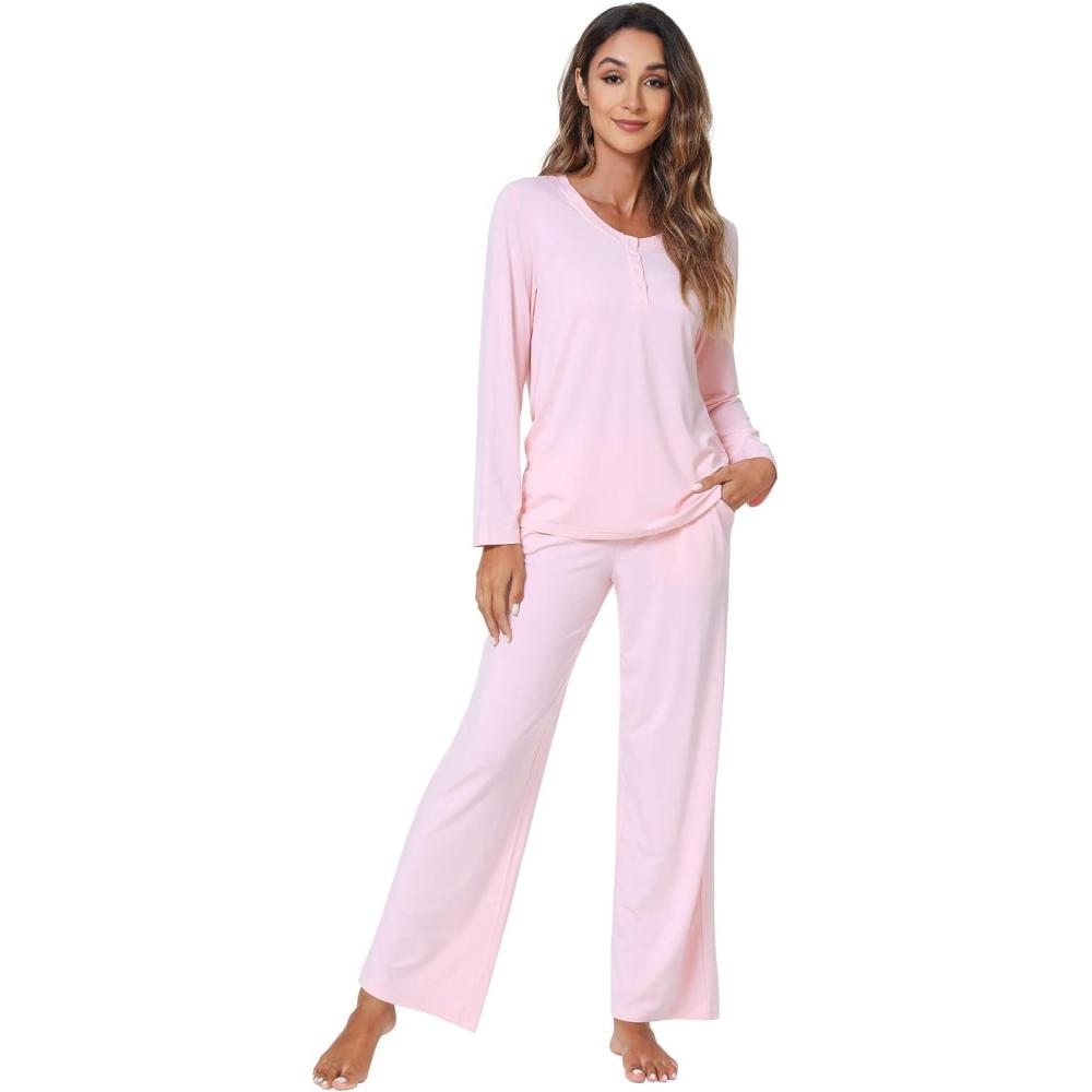 imageWiWi Viscose from Bamboo Pajama Set for Women 2 Pieces Long Sleeve Loungwear Soft Sleepwear Loose Comfy Pj Sets Pockets SXXLBpink