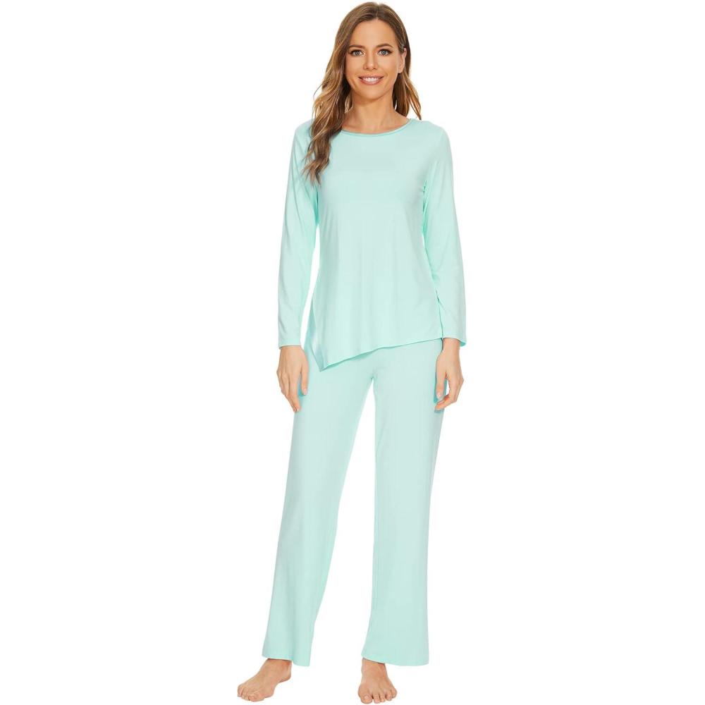 imageWiWi Viscose from Bamboo Pajamas Set for Women Soft Long Sleeve Pj Sleepwear Knit Jammies Pants Lounge Sets Loungewear SXXLAaqua