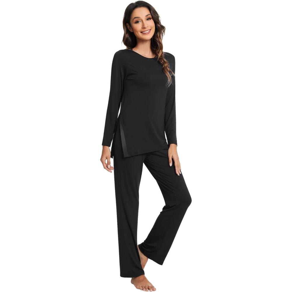 imageWiWi Viscose from Bamboo Pajamas Set for Women Soft Long Sleeve Pj Sleepwear Knit Jammies Pants Lounge Sets Loungewear SXXLAblack