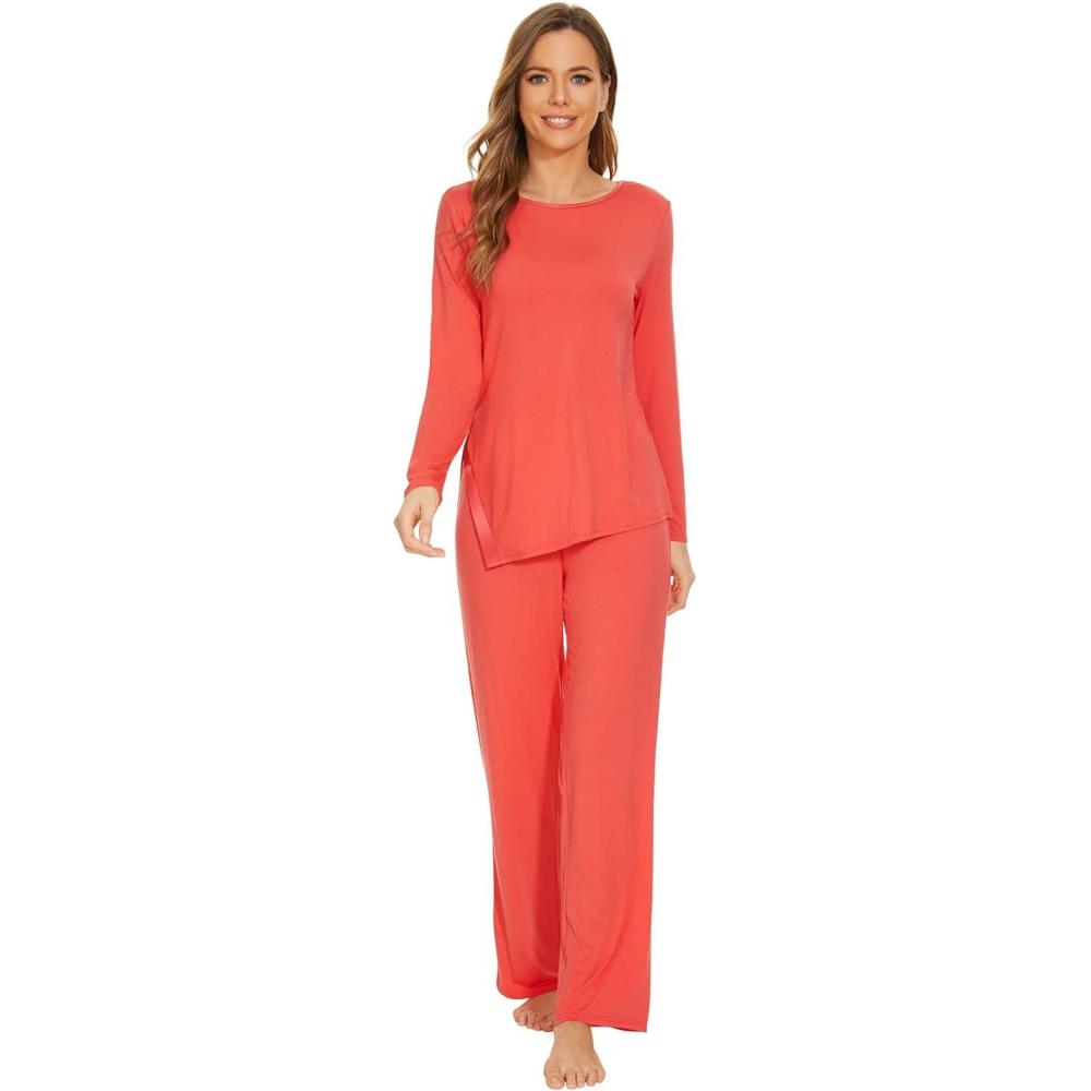 imageWiWi Viscose from Bamboo Pajamas Set for Women Soft Long Sleeve Pj Sleepwear Knit Jammies Pants Lounge Sets Loungewear SXXLAcoral