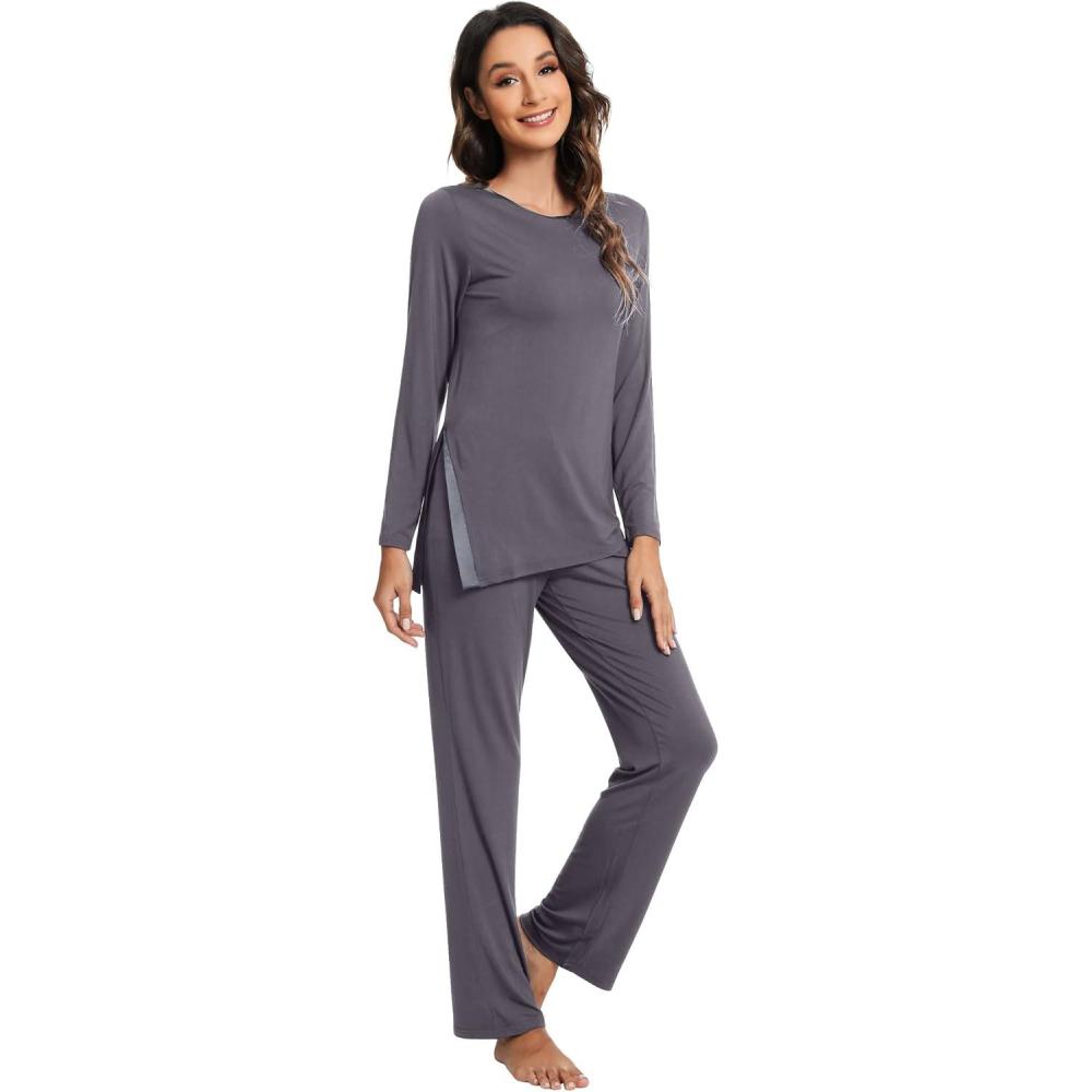 imageWiWi Viscose from Bamboo Pajamas Set for Women Soft Long Sleeve Pj Sleepwear Knit Jammies Pants Lounge Sets Loungewear SXXLAdark Grey